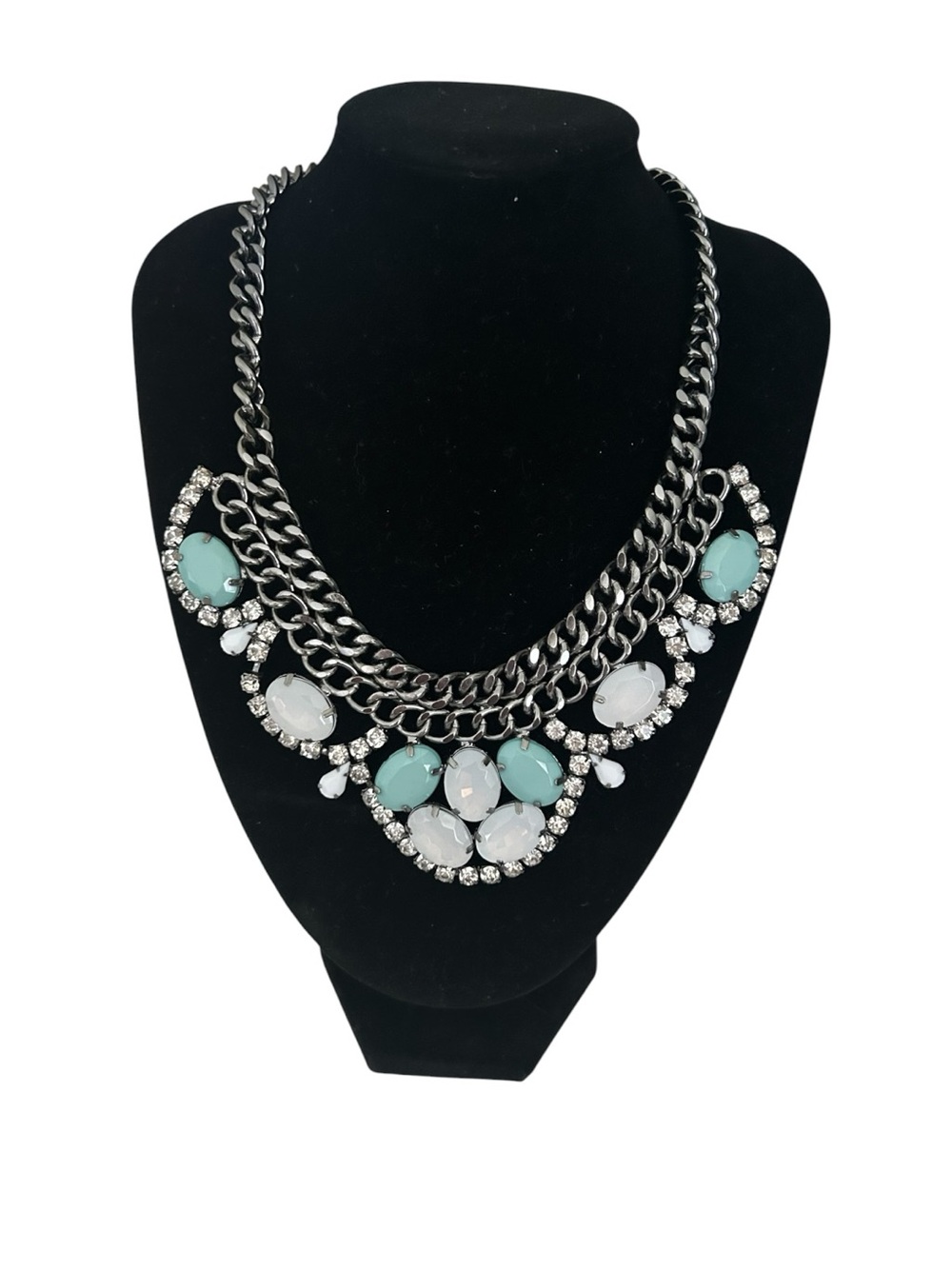 Premiere Designs Pastel Perfection Necklace Teal White Silver Tone Rhinestones
